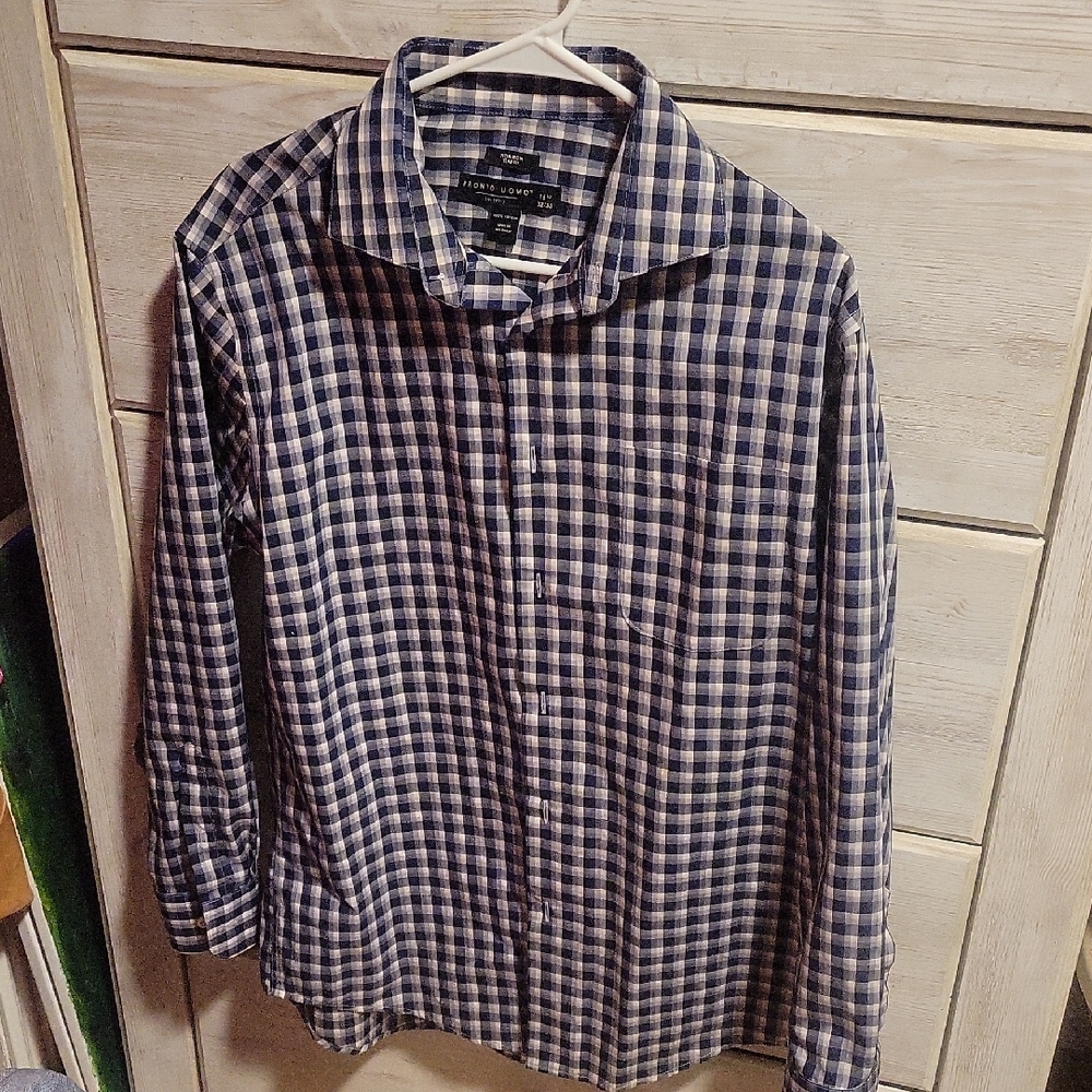 Pronto Uomo Men's Navy and White Plaid Shirt
